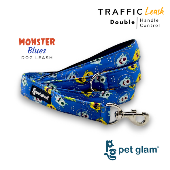 Pet Glam Double Handle Traffic Leash For Dogs Monster Blues | 5 Ft Long X-Large 1.5 inch W