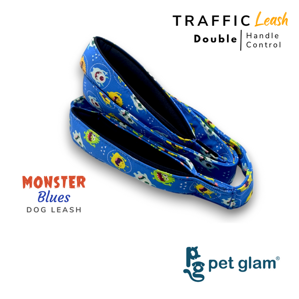 Pet Glam Double Handle Traffic Leash For Dogs Monster Blues | 5 Ft Long X-Large 1.5 inch W