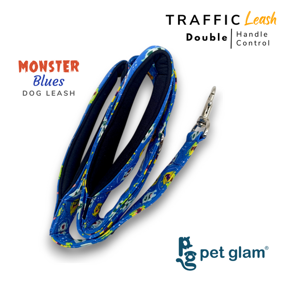 Pet Glam Double Handle Traffic Leash For Dogs Monster Blues | 5 Ft Long X-Large 1.5 inch W