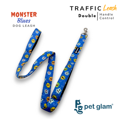 Pet Glam Double Handle Traffic Leash For Dogs Monster Blues | 5 Ft Long X-Large 1.5 inch W