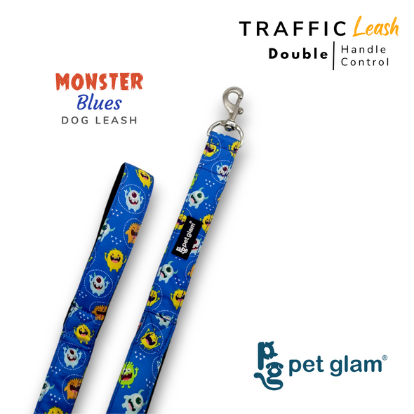 Pet Glam Double Handle Traffic Leash For Dogs Monster Blues | 5 Ft Long X-Large 1.5 inch W