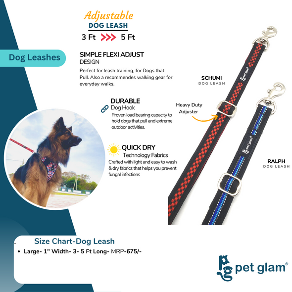 Pet Glam Adjustable Dog Leash for Dog Training and Pet Walks-Schumi- 1" Wide 3-5 Feet Long