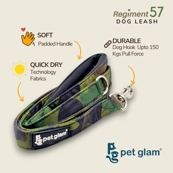 Pet Glam Dog Leash ComFURt Regiment 57 with Padded Handle-Heavy Duty Hardware-5 Ft Long X-Large 1.5 inch Wide