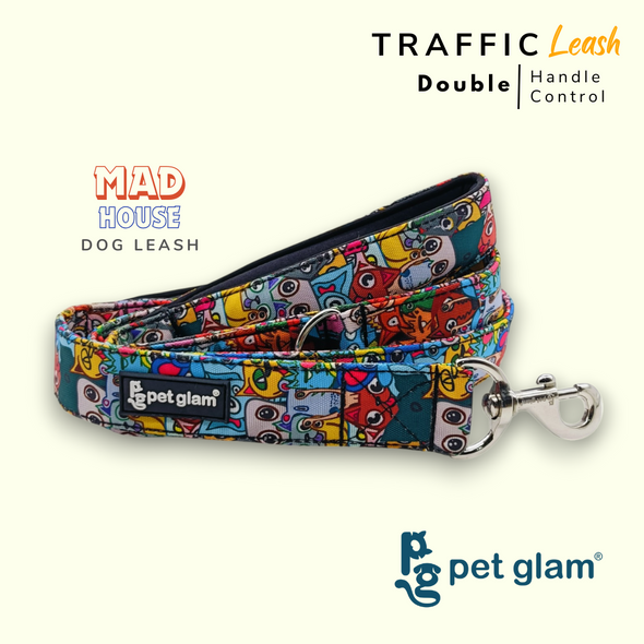 Pet Glam Double Handle Traffic Leash For Dogs Mad House | 5 Ft Long X-Large 1.5 inch W