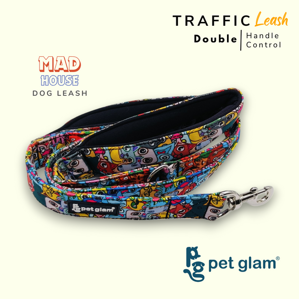 Pet Glam Double Handle Traffic Leash For Dogs Mad House | 5 Ft Long X-Large 1.5 inch W