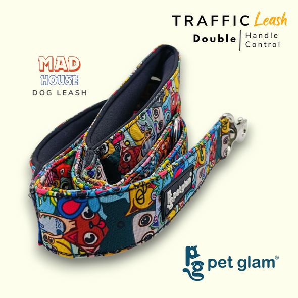 Pet Glam Double Handle Traffic Leash For Dogs Mad House | 5 Ft Long X-Large 1.5 inch W