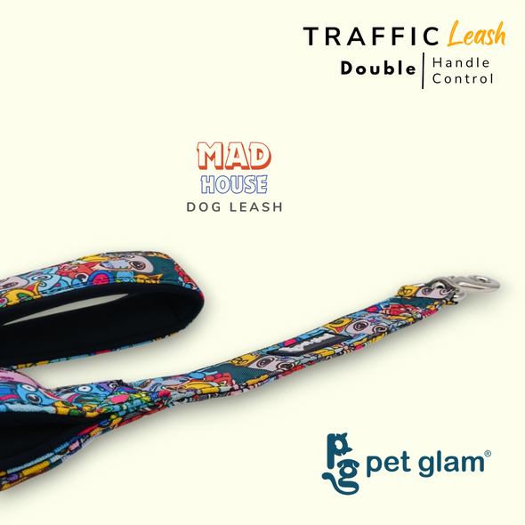 Pet Glam Double Handle Traffic Leash For Dogs Mad House | 5 Ft Long X-Large 1.5 inch W