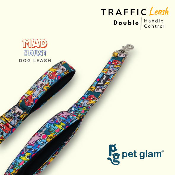 Pet Glam Double Handle Traffic Leash For Dogs Mad House | 5 Ft Long X-Large 1.5 inch W
