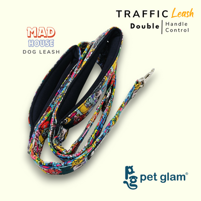 Pet Glam Double Handle Traffic Leash For Dogs Mad House | 5 Ft Long X-Large 1.5 inch W