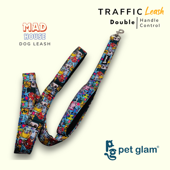 Pet Glam Double Handle Traffic Leash For Dogs Mad House | 5 Ft Long X-Large 1.5 inch W