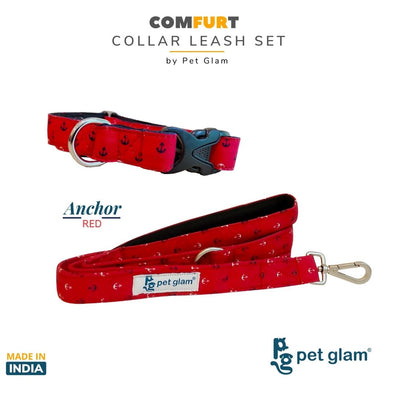 Pet Glam Anchor Red Cotton ComFurt Dog Collar Leash Set -for Beagles Labradors GSD Retrievers Puppies