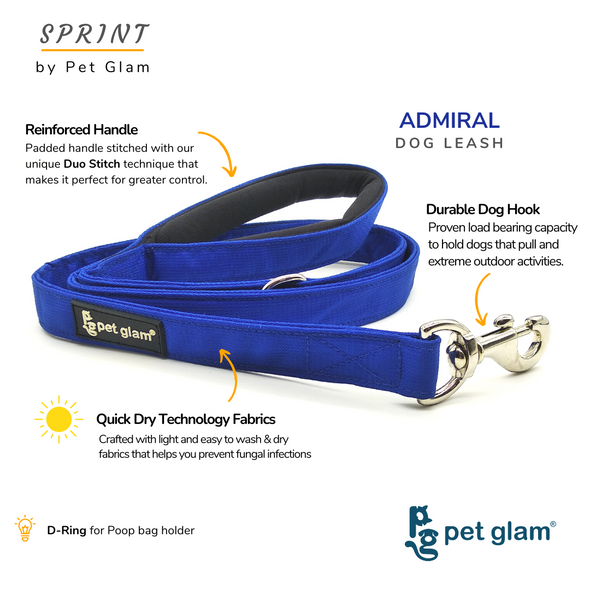 Pet Glam-Sprint Dog Leash ADMIRAL-with Padded Handle-Heavy Duty Hardware-5 Ft Long 1 inch Wide